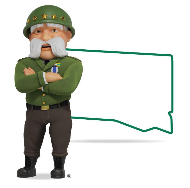 Graphic of The General standing in front of South Dakota with his arms crossed and a smile. Get a quote for South Dakota car insurance today!